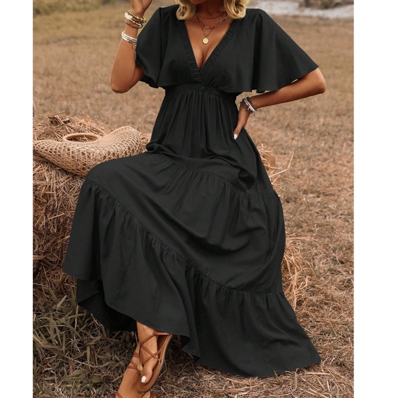 Boho Rust V neck Butterfly Sleeve Stretchy Waist Maxi Dress - Picture 4 of 11